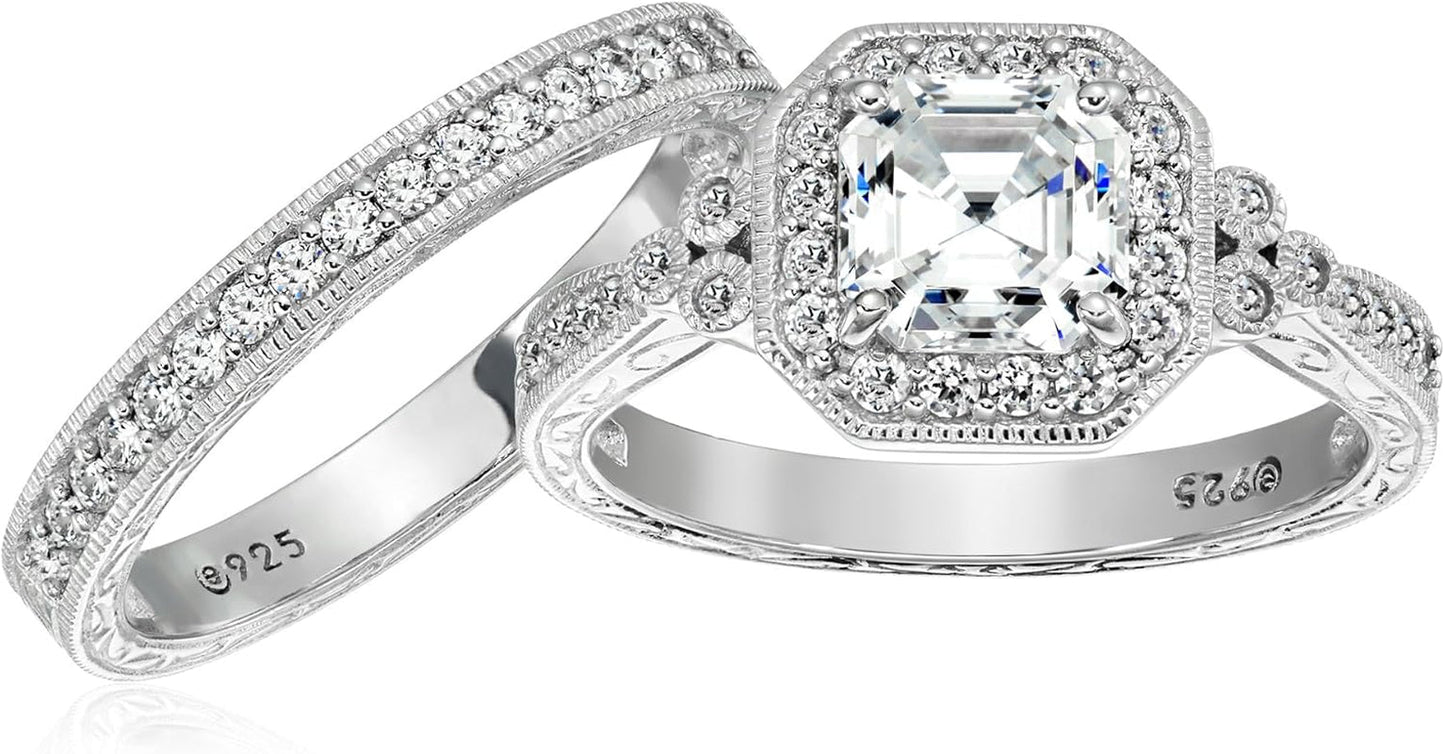 Platinum or Gold Plated Sterling Silver Antique Ring Set with Asscher-Cut Infinite Elements Cubic Zirconia (Previously Amazon Collection)