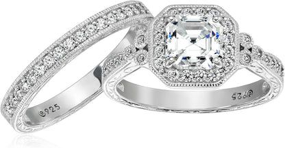 Platinum or Gold Plated Sterling Silver Antique Ring Set with Asscher-Cut Infinite Elements Cubic Zirconia (Previously Amazon Collection)