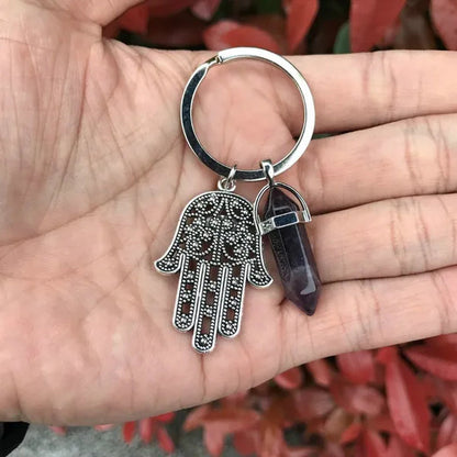 1Pcs Natural Quartz Crystal Point Chakra Healing Stone Gem Stone Pendant Keyring Key Chain Ring Family Gifts
