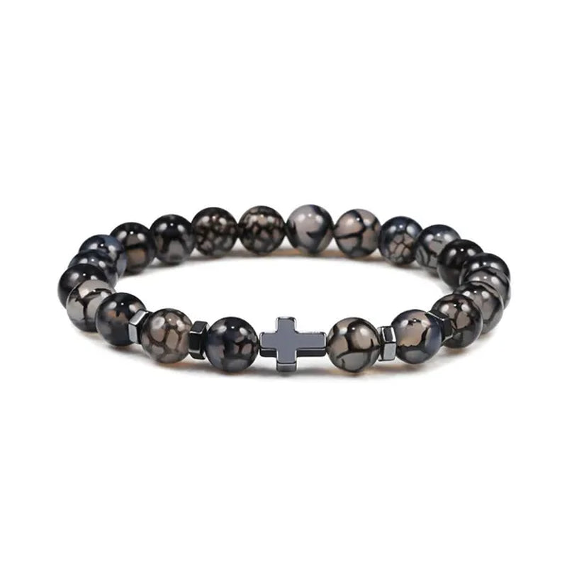 Hot Men Natural Tiger Eye Beads Hematite Cross Bracelets Onyx Meditation Prayer Bead Bracelet Women Stone Yoga Jewelry Homme
