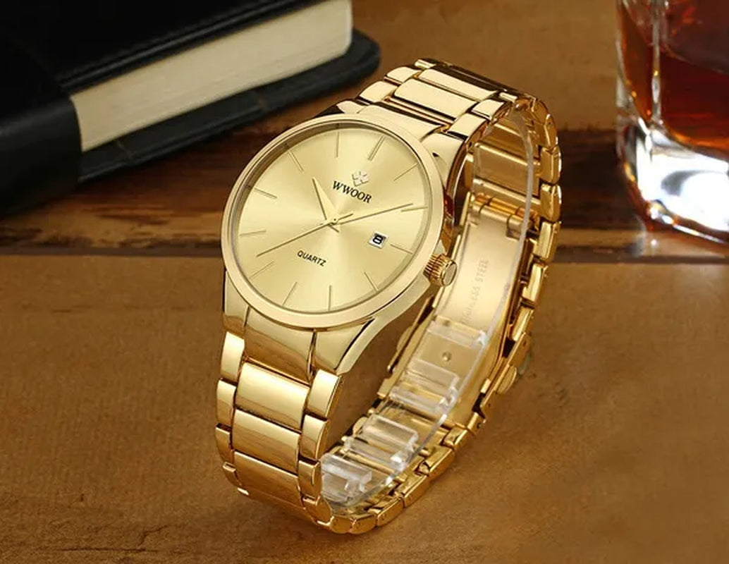 relojes hombre 2020 WWOOR Gold Watch Men Luxury Mens Quartz Wristwatch Business Watch Stainless Steel Waterproof Auto Date Clock with gift box