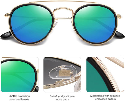 Retro Vintage round Polarized Sunglasses for Women Men Small Double Bridge Circle Sunnies SJ1104