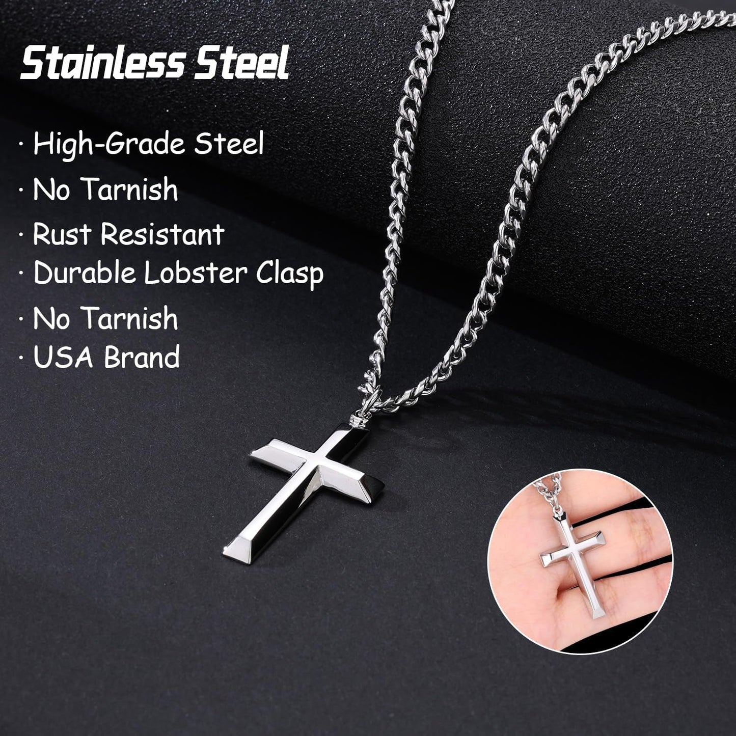 18K Gold Plated Cross Necklace for Men & Boys –Stainless Steel or Gold Plated Pendant with Durable Curb Chain – 18" to 24" Length – USA Faith-Based Brand