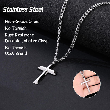 18K Gold Plated Cross Necklace for Men & Boys –Stainless Steel or Gold Plated Pendant with Durable Curb Chain – 18" to 24" Length – USA Faith-Based Brand