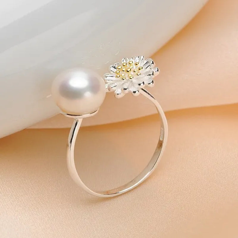 Flower Real 925 Sterling Silver with 8-9MM White Freshwater Pearl Rings for Women Fashion Jewelry Gifts