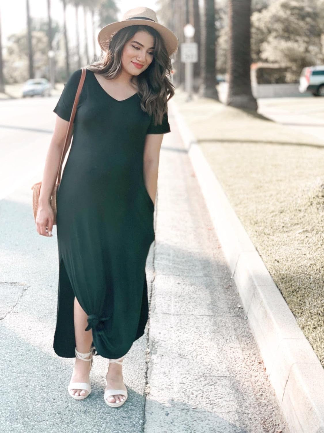 Women'S Casual Loose Pocket Long Dress Short Sleeve Split Maxi Dresses