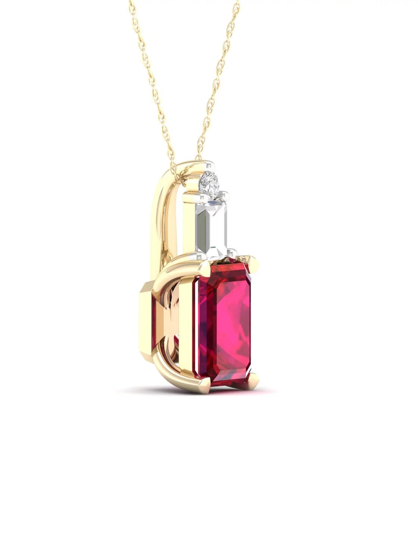 Gemstone 10K Yellow Gold Octagonal Cut Ruby and Diamond Pendant Necklace
