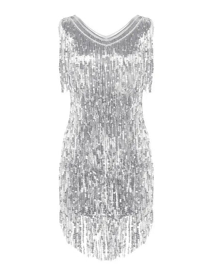 Women's Gowns V Neck Sparkling Sequin Tassels Rhythm Ballroom Salsa Samba Rumba Tango Latin Dance Dress