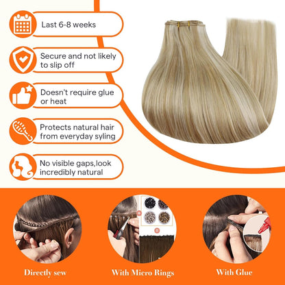 20 Inch Blonde Hair Extensions Real Human Hair Weft Extensions Color Dirty Blonde Mix Platinum Blonde Weft Hair Extensions Human Hair Sew in Hair Extensions Silky Soft Hair Weft 105G