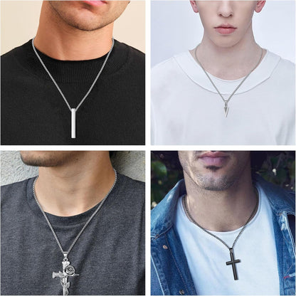 8 Pcs Necklace for Men, Mens Necklaces Jewelry Set, Black and Silver Stainless Steel Necklace, Cross Pendant Necklace, 16-24 Inches Chain