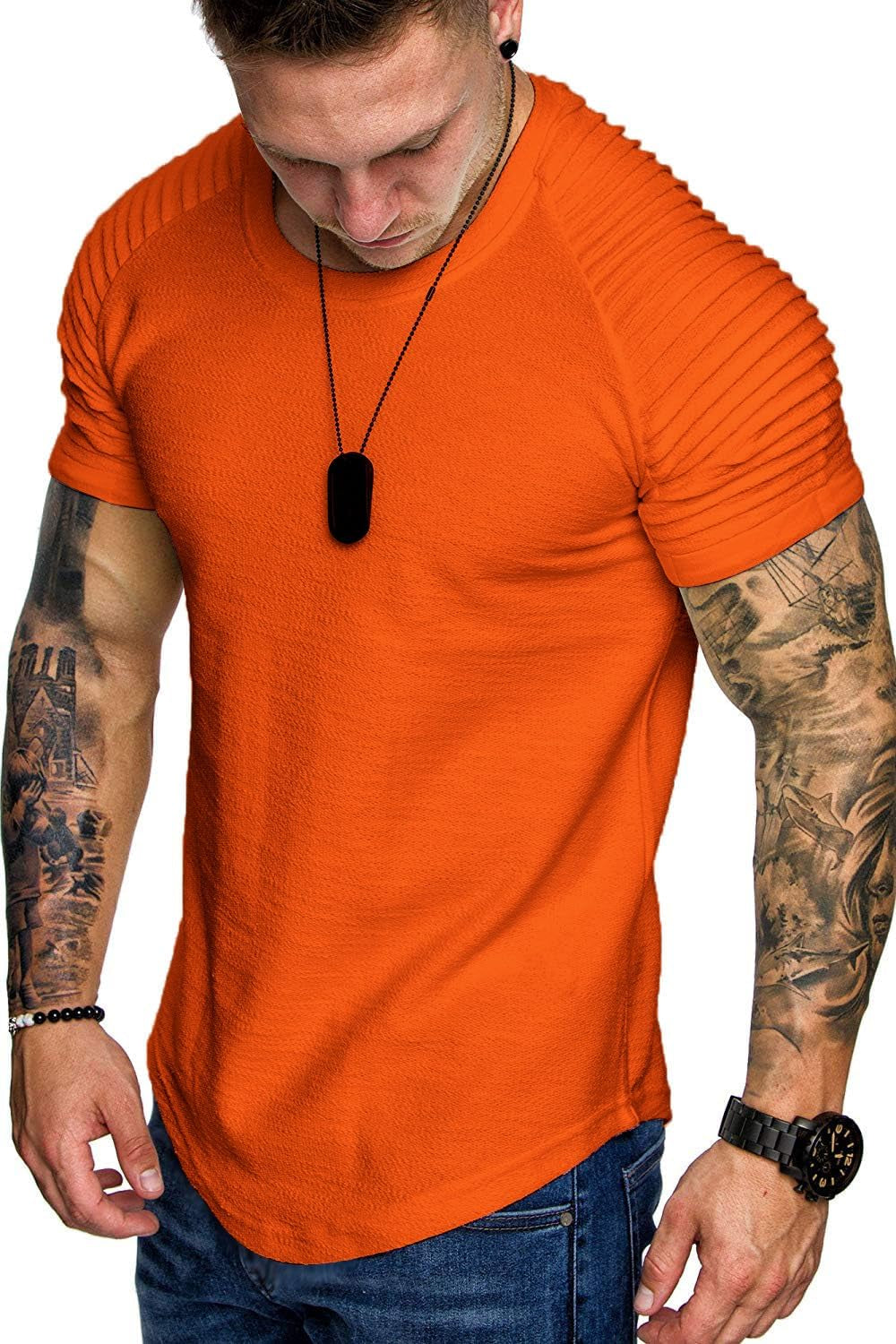 Men'S Muscle T-Shirt Pleated Raglan Sleeve Bodybuilding Gym Tee Short Sleeve Fashion Workout Shirts Hipster Shirt