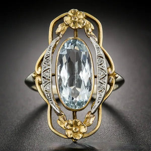 Vintage Noble Environmental Gold Plated Flower Hollow Oval Cut Sea Blue Gemstone CZ Ring for Women Unique Wedding Engagement Jewelry Gift
