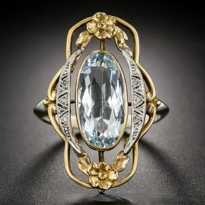 Vintage Noble Environmental Gold Plated Flower Hollow Oval Cut Sea Blue Gemstone CZ Ring for Women Unique Wedding Engagement Jewelry Gift