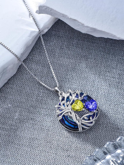 Mothers Day Gifts for Women 925 Sterling Silver Family Tree of Life Pendant Necklaces with 2 Heart Birthstone with Blue round Austrian Crystal Jewelry Birthday Anniversary Christmas Gifts for Her Wife Girlfriend Mom (18K Real White Gold Filled)