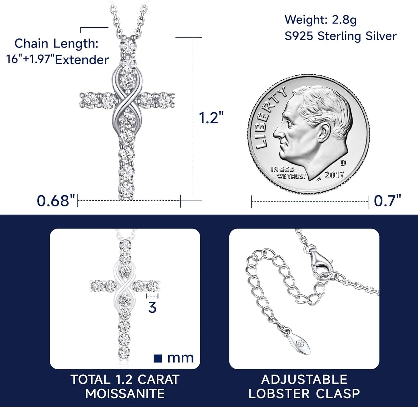 Cross Necklace Silver, Christian Gifts for Women Men, Moissanite Necklace for Him, 925 Sterling Silver Cross Necklace Birthday Fathers Day Christmas Gifts