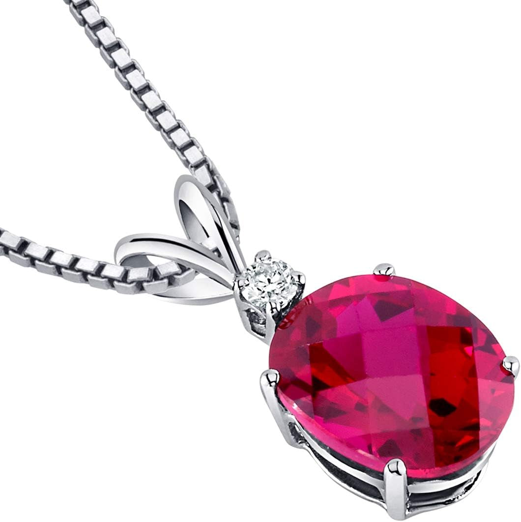 Created Ruby with Genuine Diamond Pendant in 14K White Gold, Elegant Solitaire, Oval Shape, 10X8Mm, 3.50 Carats Total, Sparkling V-Day Gift, Women Gift Ideas W/Jewelry Box