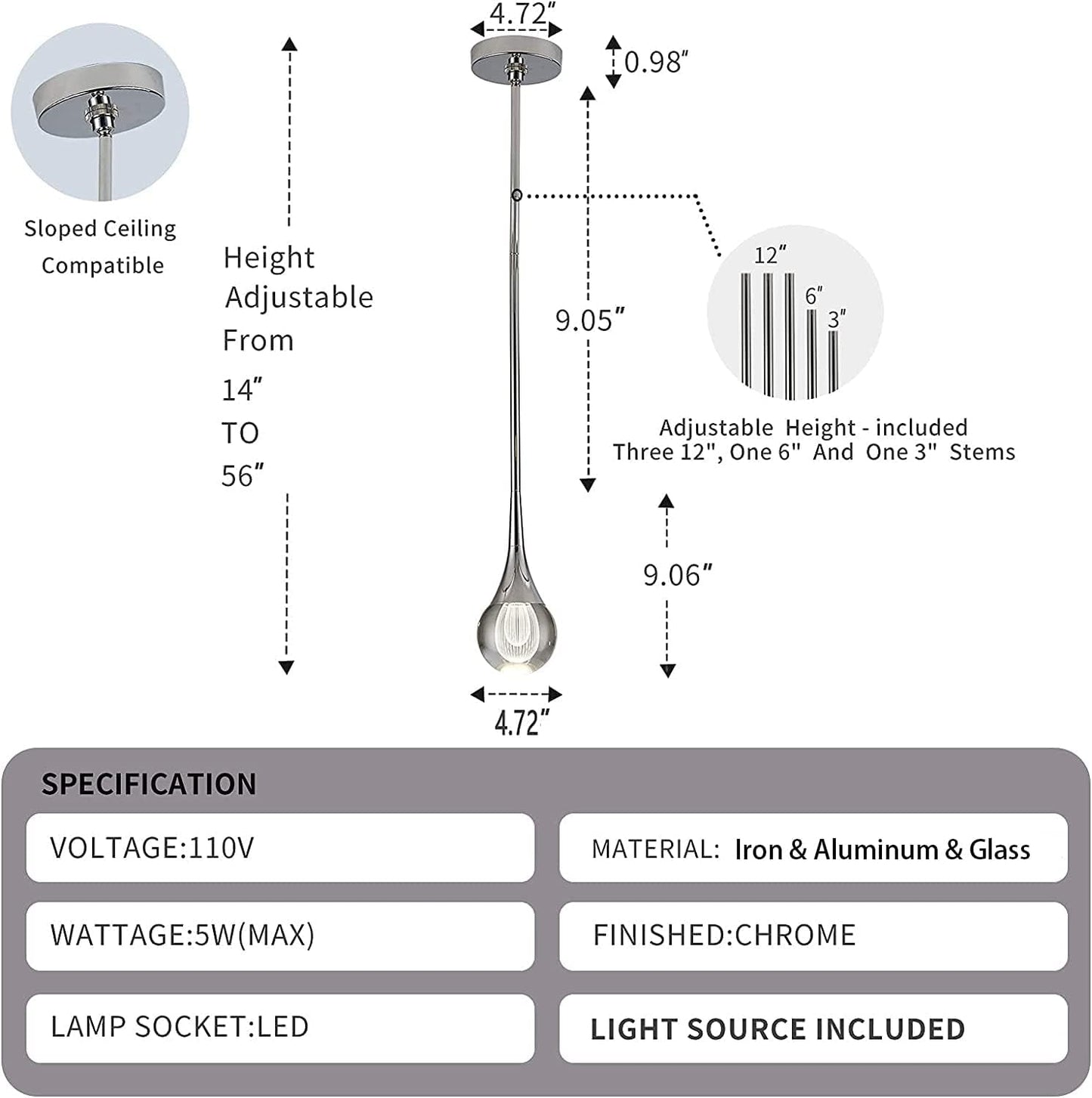 Modern Crystal Pendant Light,1-Light Globe Hanging Light Fixture Led Chrome Finish Mini Pendant Lamp for Kitchen Island Bedroom Dining Room Bar