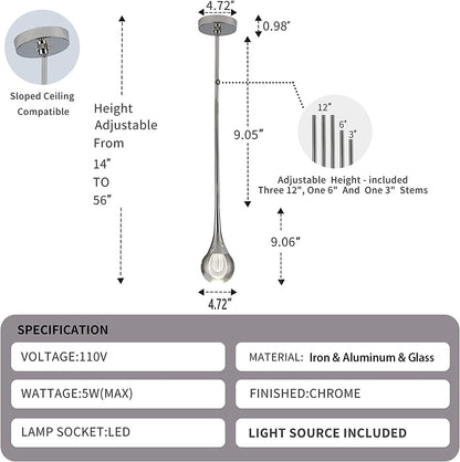 Modern Crystal Pendant Light,1-Light Globe Hanging Light Fixture Led Chrome Finish Mini Pendant Lamp for Kitchen Island Bedroom Dining Room Bar