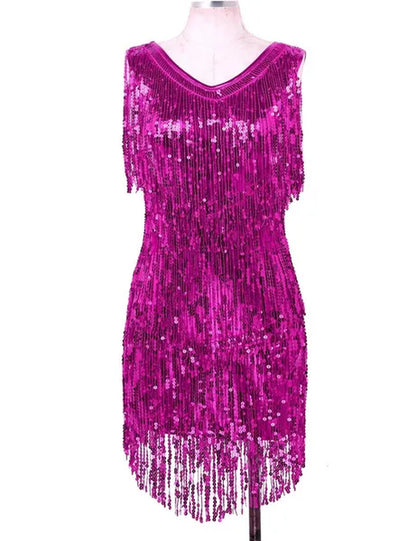Women's Gowns V Neck Sparkling Sequin Tassels Rhythm Ballroom Salsa Samba Rumba Tango Latin Dance Dress