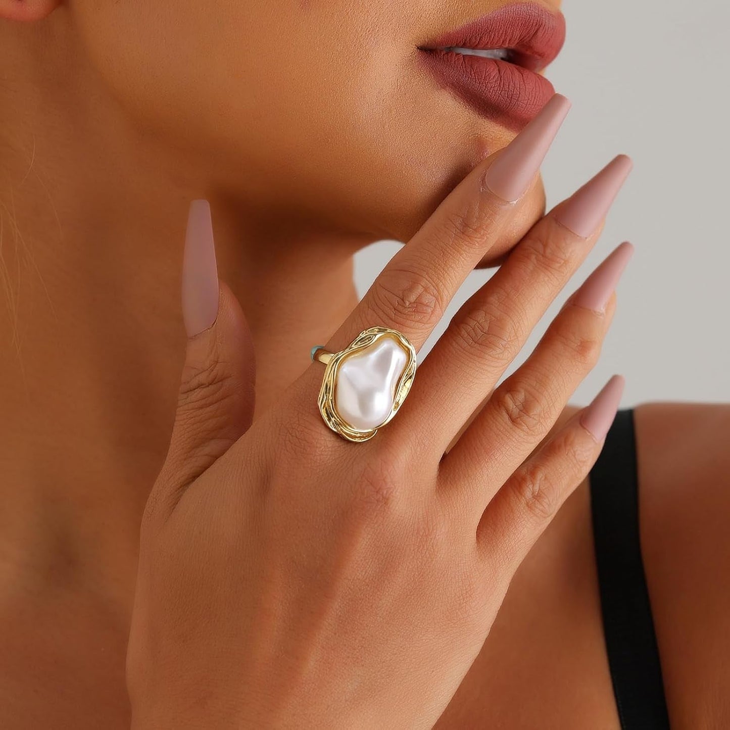 Irregular Pearl Adjustable Ring for Women, Gold Index Finger Ring Jewelry Vintage Chunky Ring - WORLD TIME VISITS