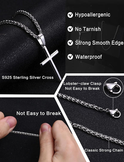 925 Sterling Silver Cross Necklace Men-Removable Silver Cross Pendant with Hypoallergenic 316L Stainless Steel Wheat Chain Crucifix Necklace Jewelry for Mens Women, 16-30 Inches