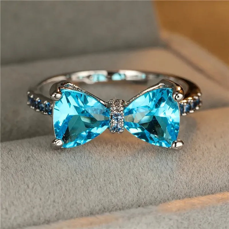 Fashion Women Girl Garnet Red Ruby Bow Ring 18K White Gold Bride Princess Wedding Engagement Jewelry Gifts