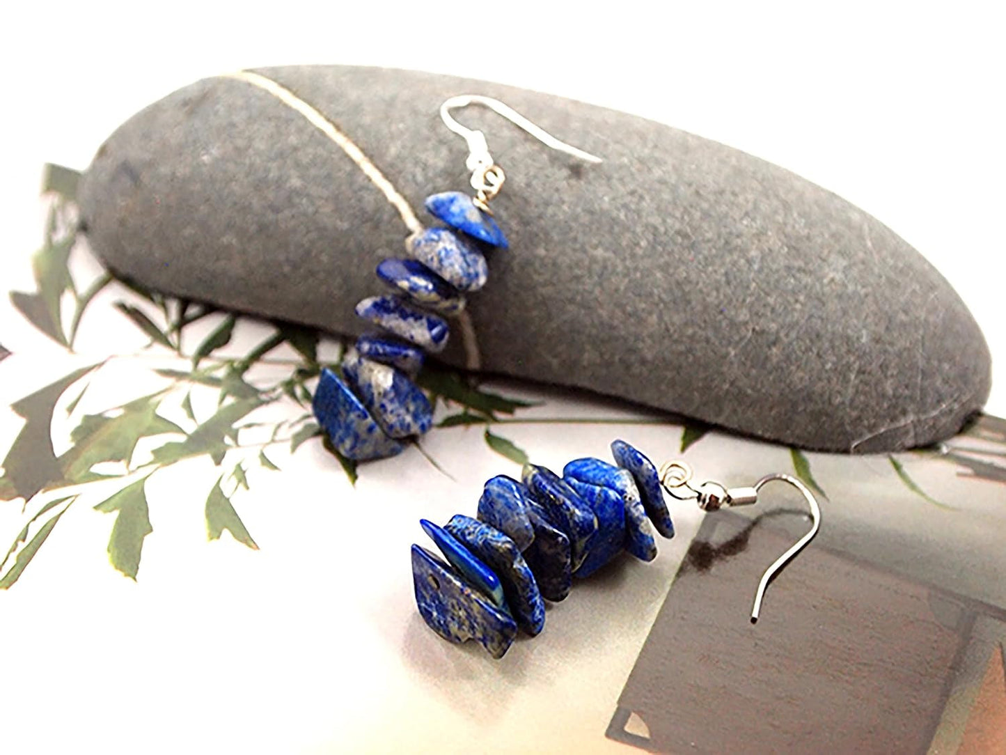 Lapis Lazuli Tumbled Stone Earrings Stacked Small Dangle Raw Crystal Earrings Lightweight Everyday Drop Earrings Blue Stone Dangling Earrings Birthstone Anniversary Gift (Silver + Lapis Lazuli)