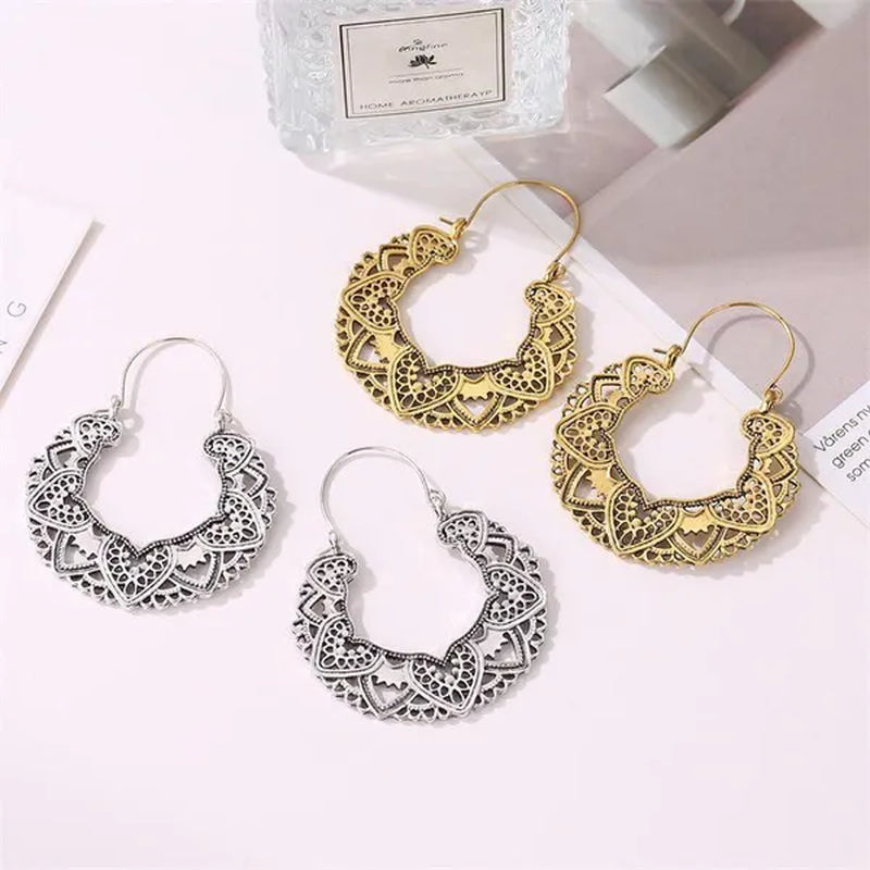 2023 new vintage fashion ladies bohemian 925 silver petal heart-shaped metal totem earrings earrings large hoop earrings glamorous bridal wedding engagement earrings anniversary birthday party gift jewelry 1 pair