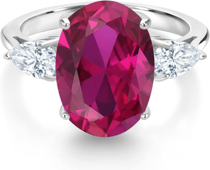 3.80 Cttw Red Created Ruby and White Moissanite 3 Stone Ring for Women | 925 Sterling Silver | 14X10MM Oval and 6X4MM Pear Shape | Available in Size 5, 6, 7, 8, 9