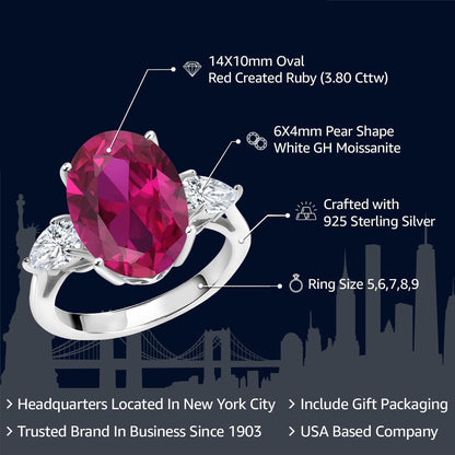 3.80 Cttw Red Created Ruby and White Moissanite 3 Stone Ring for Women | 925 Sterling Silver | 14X10MM Oval and 6X4MM Pear Shape | Available in Size 5, 6, 7, 8, 9 - WORLD TIME VISITS