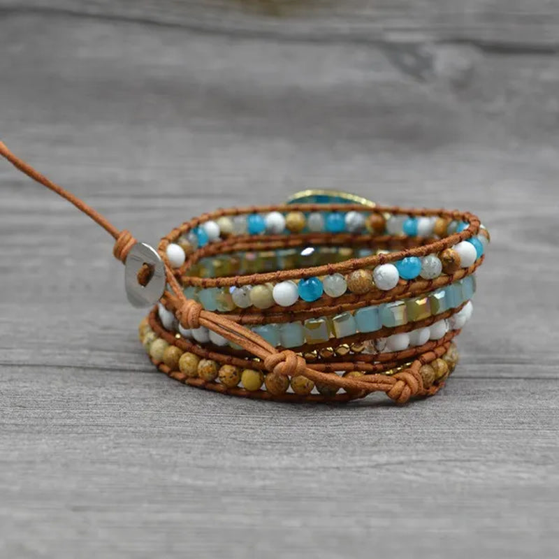 Vintage Boho Handmade Turquoise Charm Natural Stone Beads Bracelets Adjustable Wrap Leather Bracelet Jewelry