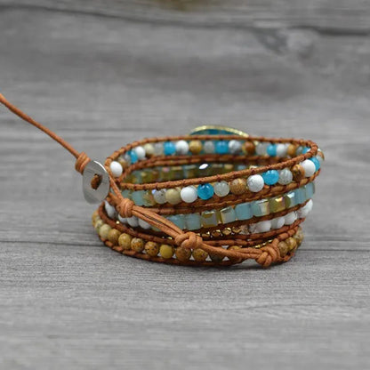 Vintage Boho Handmade Turquoise Charm Natural Stone Beads Bracelets Adjustable Wrap Leather Bracelet Jewelry