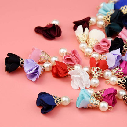 84 Pieces 12 Colors Fabric Flower Pendants Floral Cloth Tassel Jewelry Charms with Metal Caps for Earring Jewelry Making Key Chain DIY