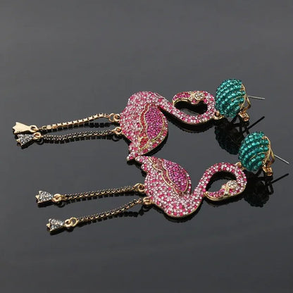 European and American High Quality Pink Diamond Earrings Flamingo Full Set Diamond Earrings Animal Exaggerated Temperament Tassel Lady Earrings Personality Jewelry