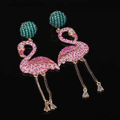 European and American High Quality Pink Diamond Earrings Flamingo Full Set Diamond Earrings Animal Exaggerated Temperament Tassel Lady Earrings Personality Jewelry