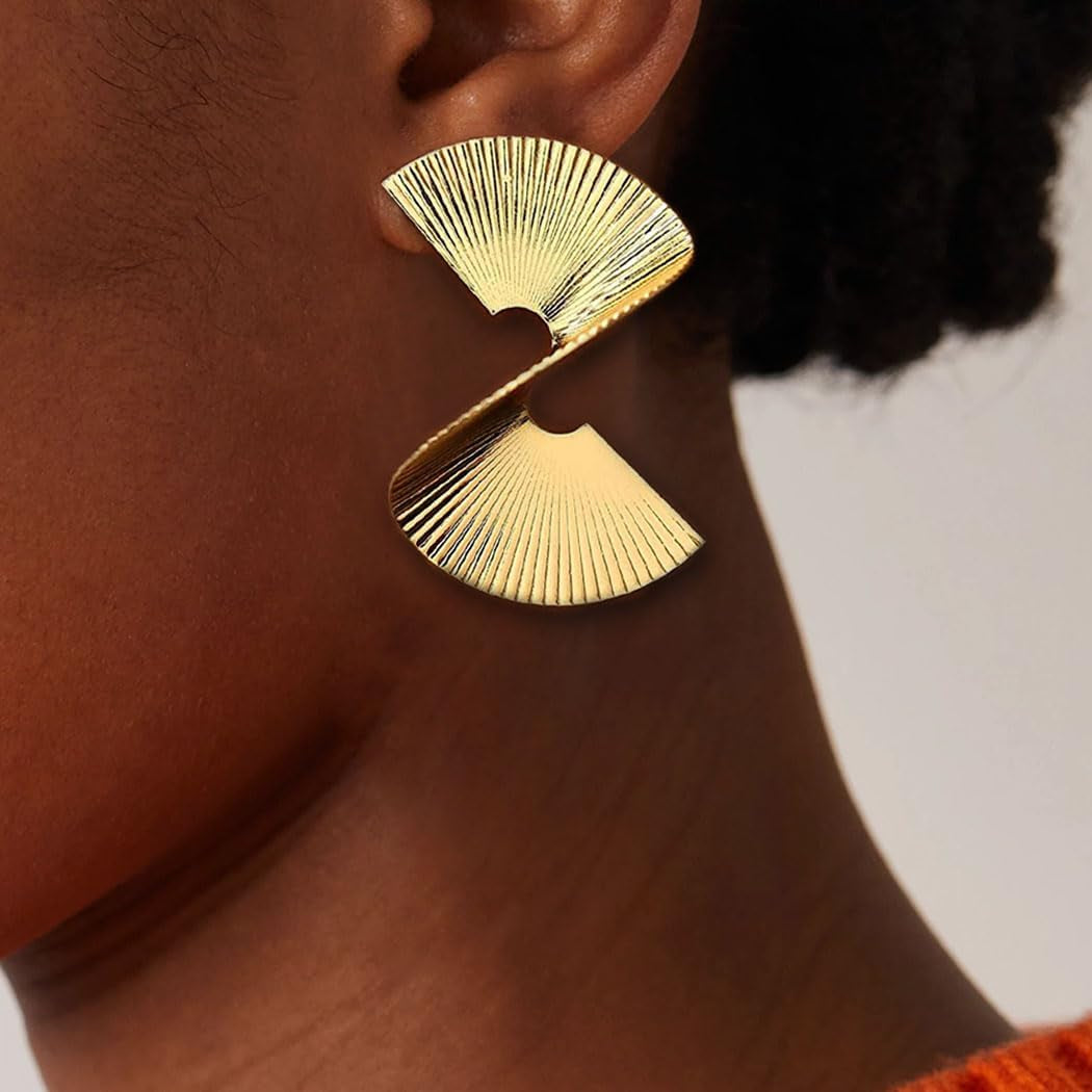 Gold Geometric Earrings Exaggerated Statement Earrings Punk Stylish Sectored Twisted Earring Jewelry for Women - WORLD TIME VISITS
