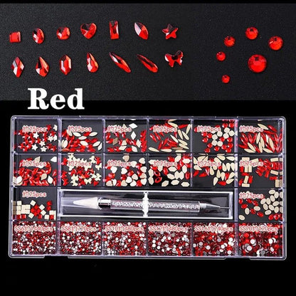 3830Pcs/Box Mixed AB Glass Crystal Diamond In Grids 21 Shape And SS6-SS20 Flatback Nail Art Rhinestone Set With 1 Pick Up Pen