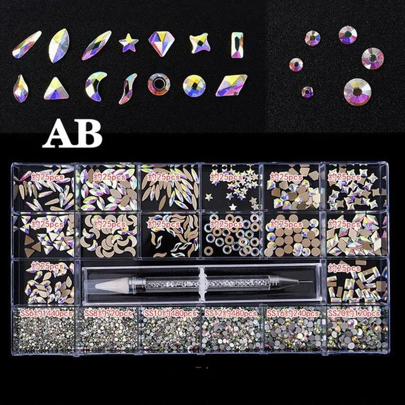 3830Pcs/Box Mixed AB Glass Crystal Diamond In Grids 21 Shape And SS6-SS20 Flatback Nail Art Rhinestone Set With 1 Pick Up Pen
