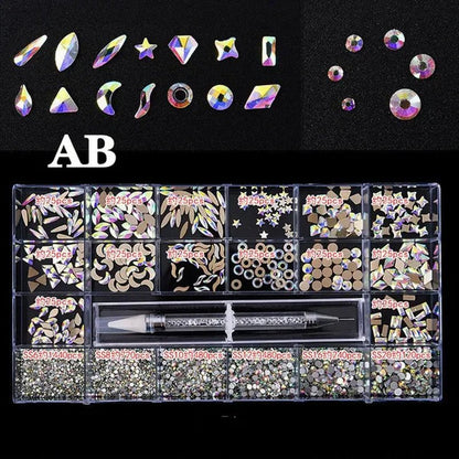 3830Pcs/Box Mixed AB Glass Crystal Diamond In Grids 21 Shape And SS6-SS20 Flatback Nail Art Rhinestone Set With 1 Pick Up Pen