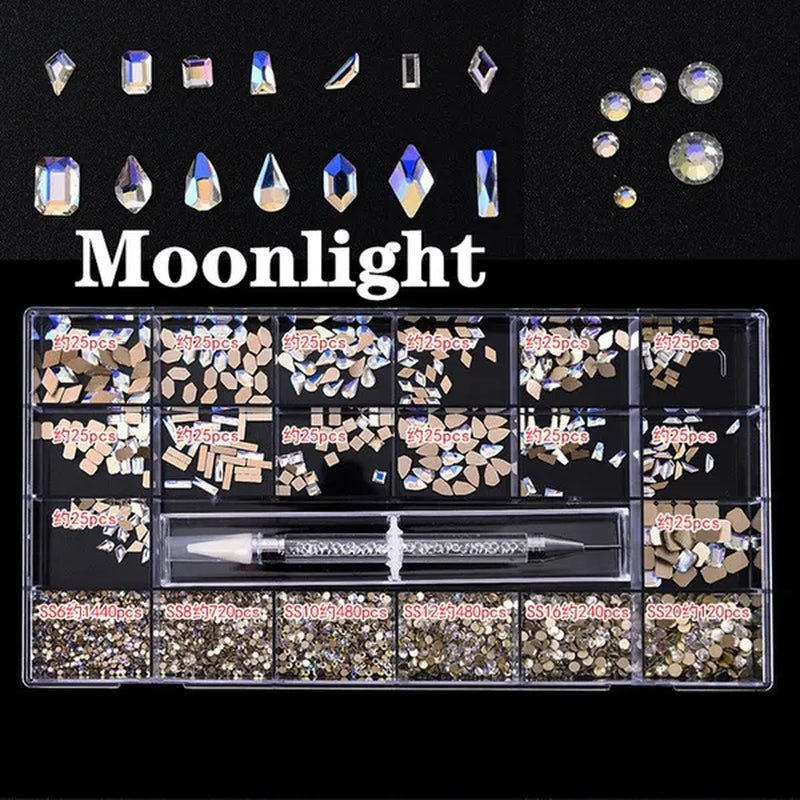 3830Pcs/Box Mixed AB Glass Crystal Diamond In Grids 21 Shape And SS6-SS20 Flatback Nail Art Rhinestone Set With 1 Pick Up Pen
