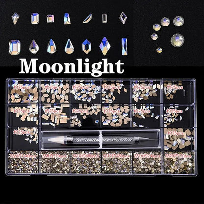 3830Pcs/Box Mixed AB Glass Crystal Diamond In Grids 21 Shape And SS6-SS20 Flatback Nail Art Rhinestone Set With 1 Pick Up Pen