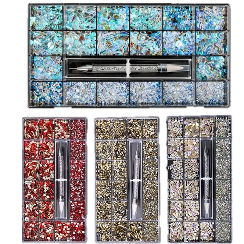 3830Pcs/Box Mixed AB Glass Crystal Diamond In Grids 21 Shape And SS6 - SS20 Flatback Nail Art Rhinestone Set With 1 Pick Up Pen - WORLD TIME VISITS