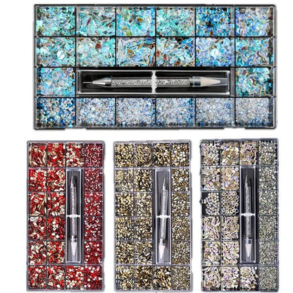 3830Pcs/Box Mixed AB Glass Crystal Diamond In Grids 21 Shape And SS6 - SS20 Flatback Nail Art Rhinestone Set With 1 Pick Up Pen - WORLD TIME VISITS