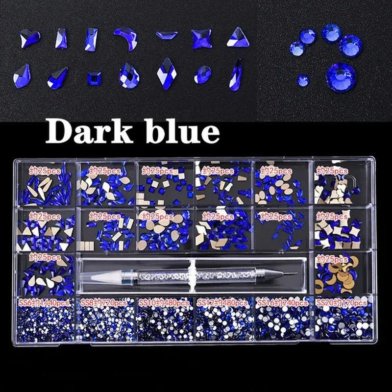 3830Pcs/Box Mixed AB Glass Crystal Diamond In Grids 21 Shape And SS6-SS20 Flatback Nail Art Rhinestone Set With 1 Pick Up Pen