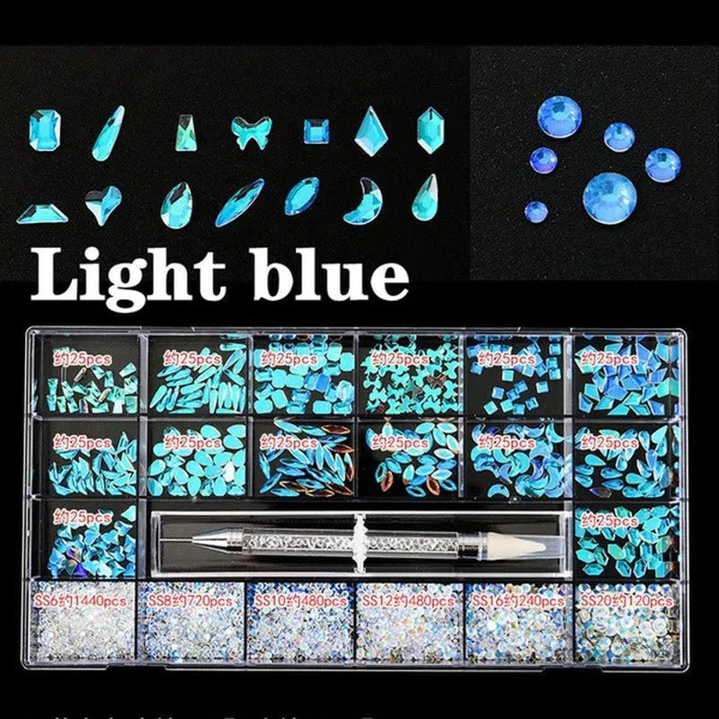 3830Pcs/Box Mixed AB Glass Crystal Diamond In Grids 21 Shape And SS6 - SS20 Flatback Nail Art Rhinestone Set With 1 Pick Up Pen - WORLD TIME VISITS