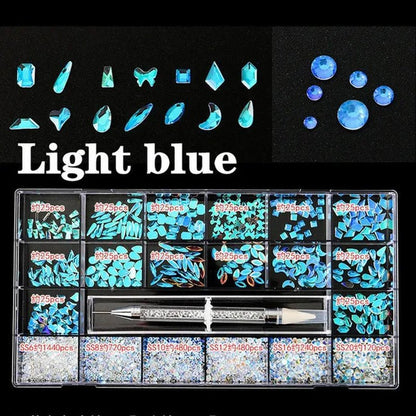 3830Pcs/Box Mixed AB Glass Crystal Diamond In Grids 21 Shape And SS6 - SS20 Flatback Nail Art Rhinestone Set With 1 Pick Up Pen - WORLD TIME VISITS