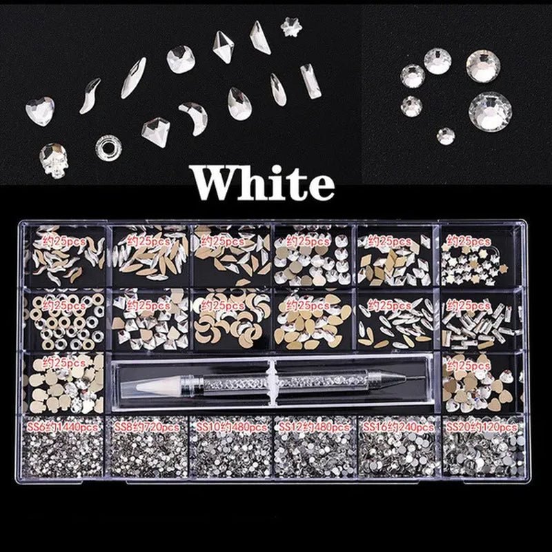3830Pcs/Box Mixed AB Glass Crystal Diamond In Grids 21 Shape And SS6-SS20 Flatback Nail Art Rhinestone Set With 1 Pick Up Pen