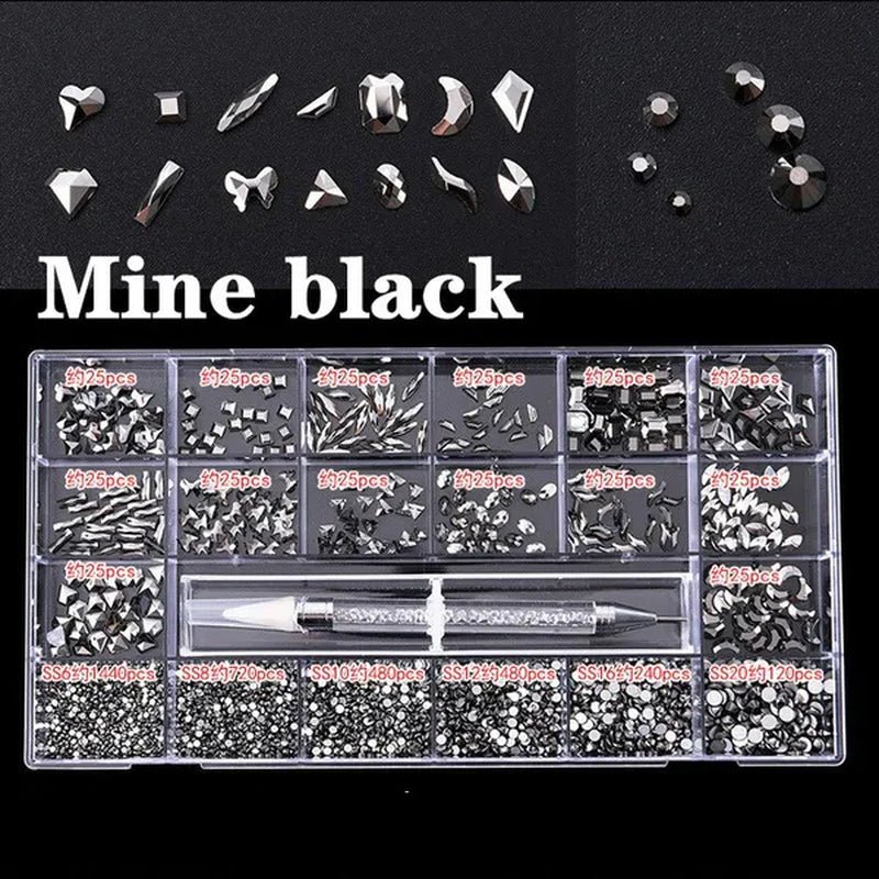 3830Pcs/Box Mixed AB Glass Crystal Diamond In Grids 21 Shape And SS6-SS20 Flatback Nail Art Rhinestone Set With 1 Pick Up Pen