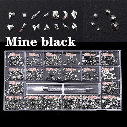 3830Pcs/Box Mixed AB Glass Crystal Diamond In Grids 21 Shape And SS6-SS20 Flatback Nail Art Rhinestone Set With 1 Pick Up Pen