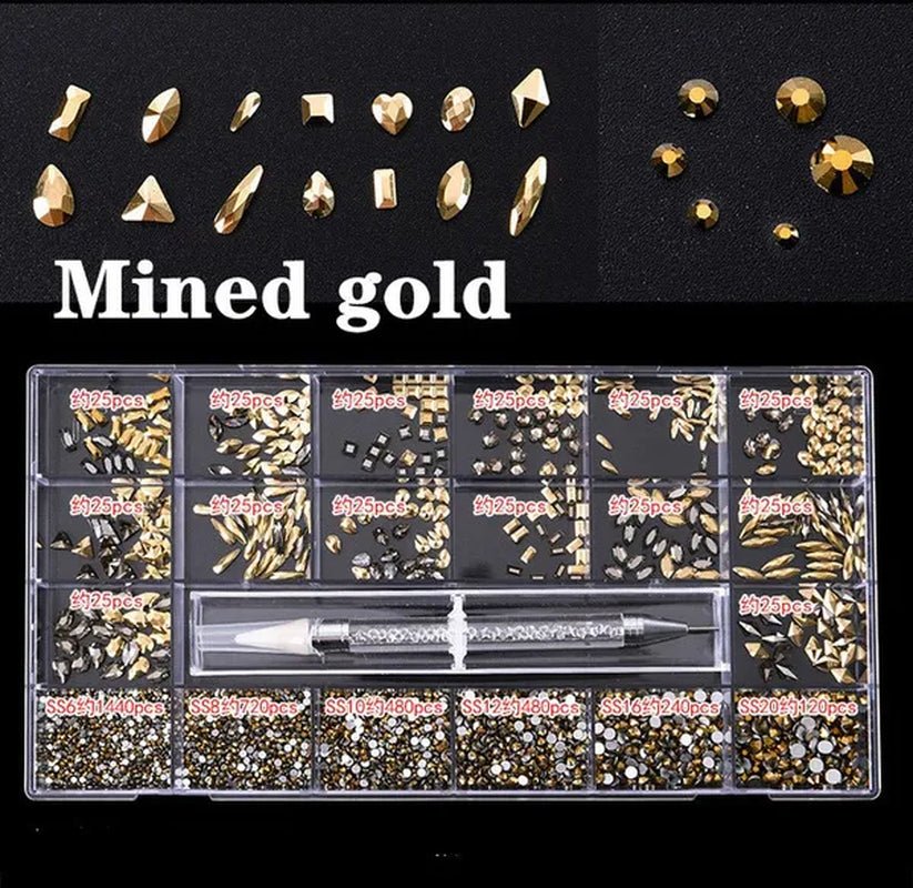 3830Pcs/Box Mixed AB Glass Crystal Diamond In Grids 21 Shape And SS6-SS20 Flatback Nail Art Rhinestone Set With 1 Pick Up Pen